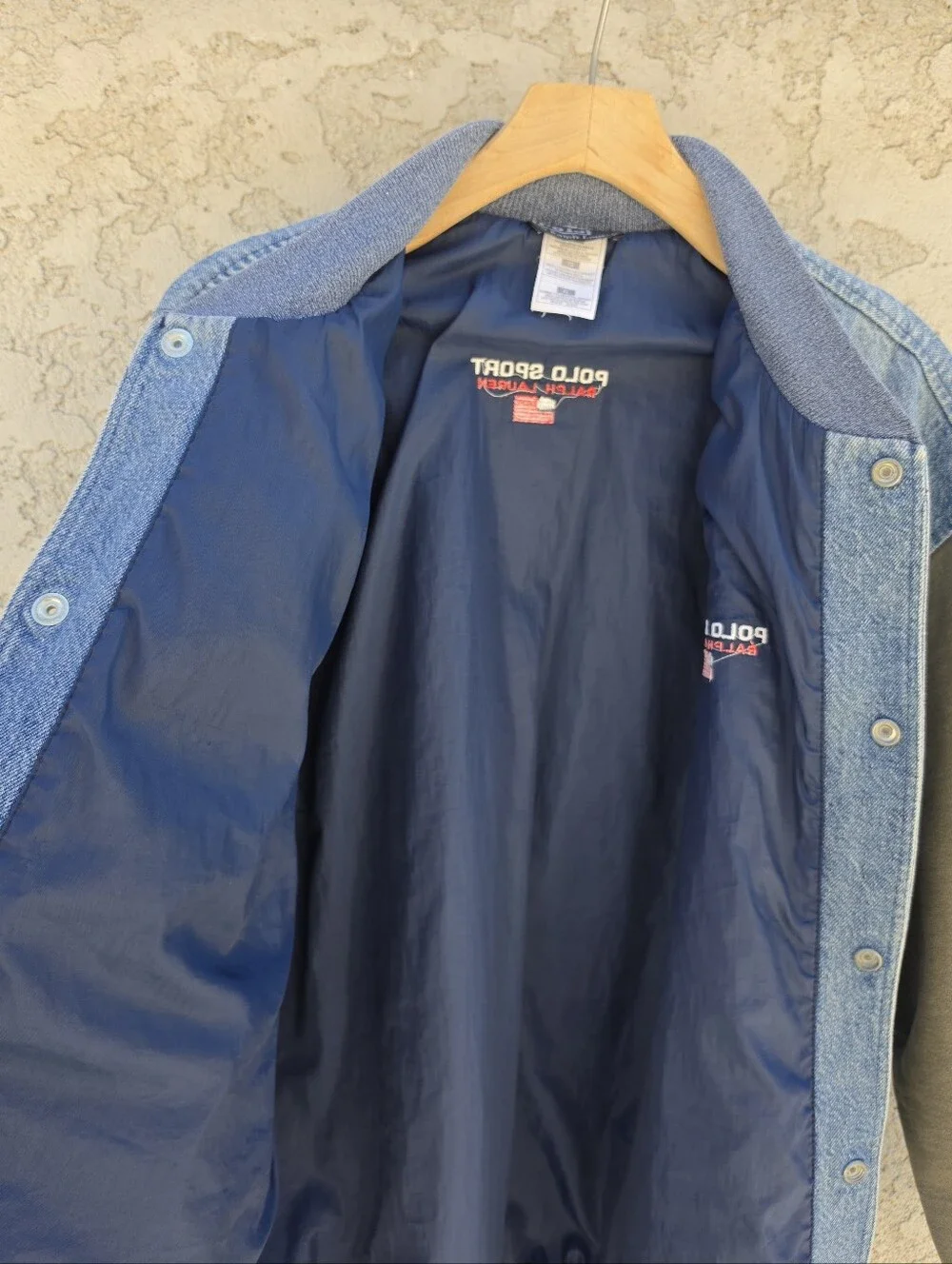 Vtg 90s Polo Sport Ralph Lauren Denim Varsity Bomber Jacket Men’s XL Blue Green